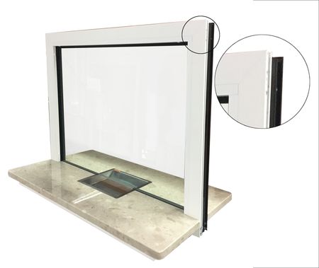 19. Cash window, brown on the outside, white on the inside, with bulletproof glass class BR4